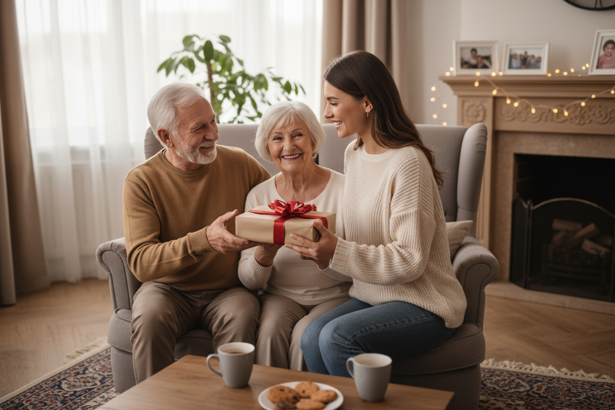 Young Woman Giving Gift to Grandparents